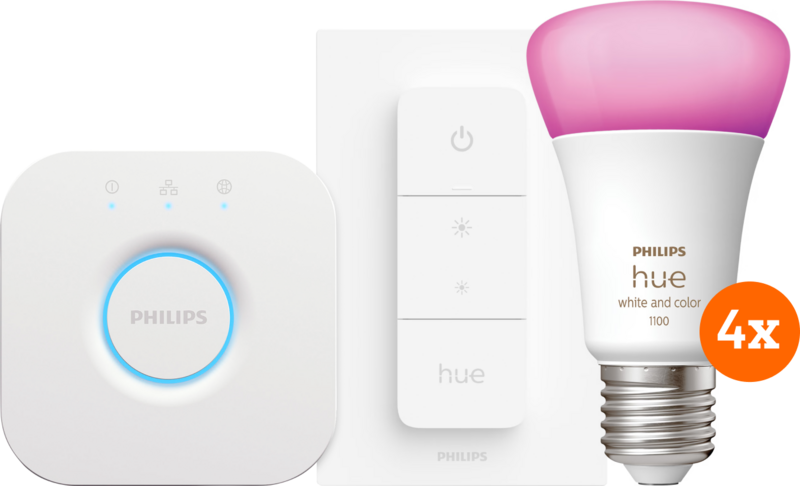 Philips Hue White and Color Starter Pack E27 met 4 lampen, dimmer + bridge