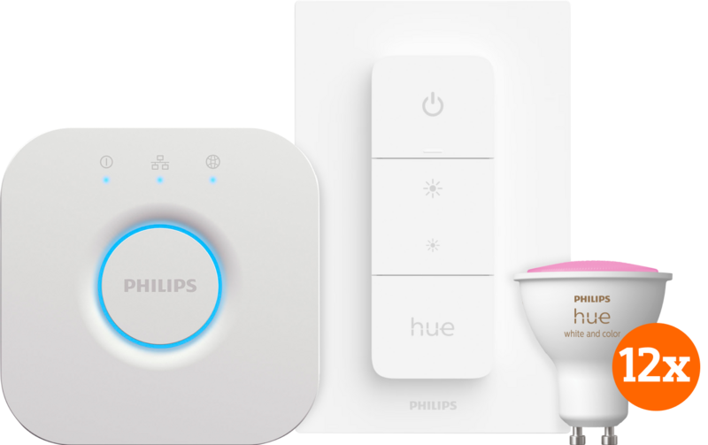 Philips Hue White and Color Starter Pack GU10 met 12 lampen, dimmer + Bridge
